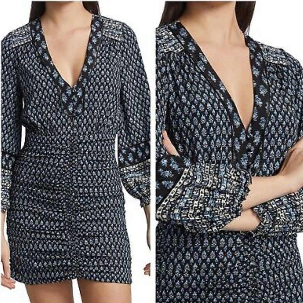 NWOT Veronica Beard Zaria Silk Navy Blue and White Floral 3/4 Sleeves Mini Dress